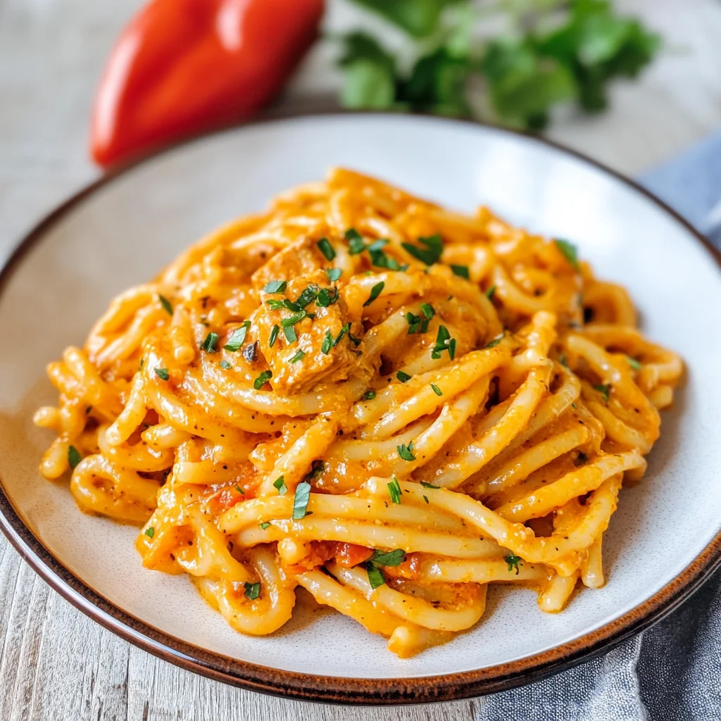 Pasta con crema di peperoni e tonno