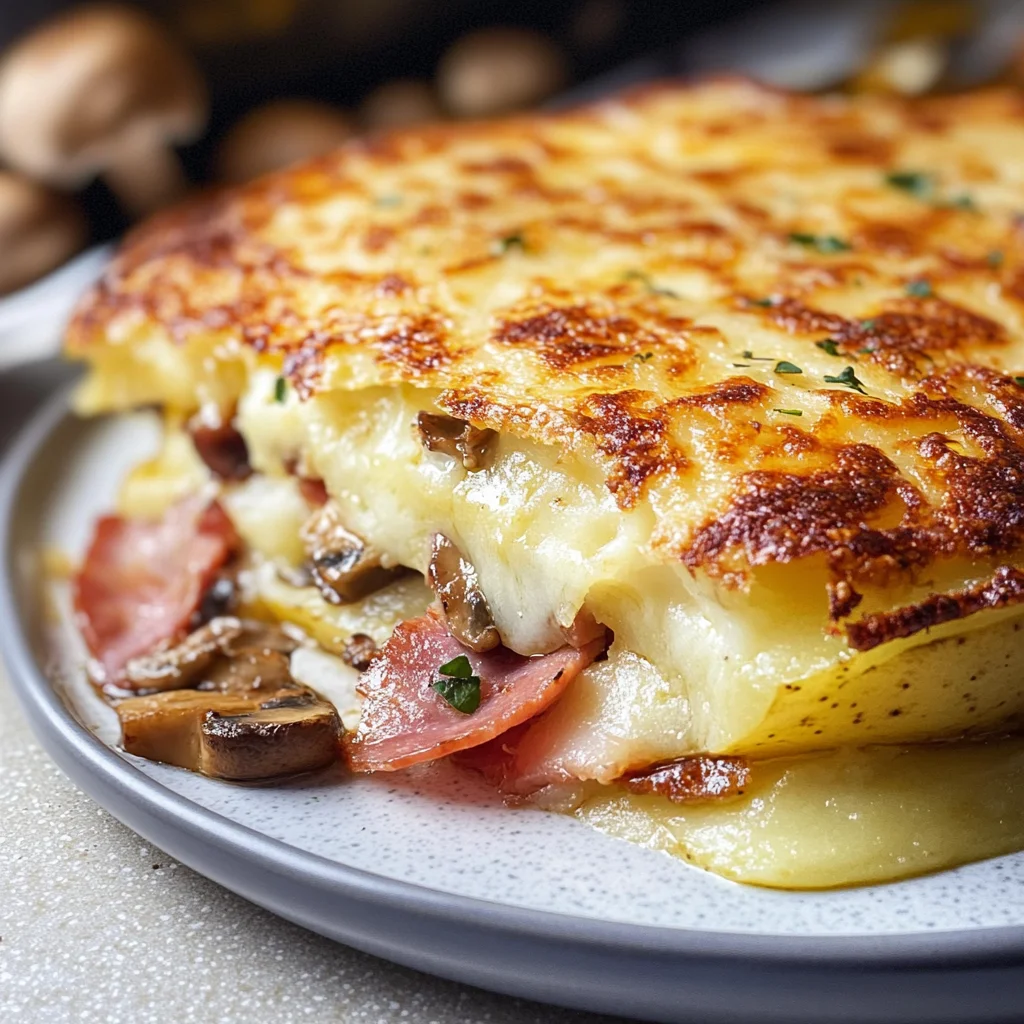 Schiacciata di patate con prosciutto e funghi