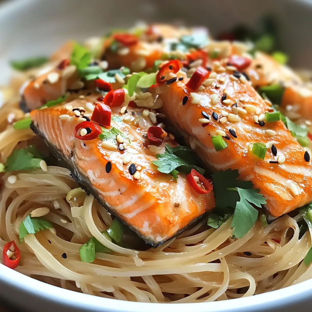 Spaghetti di riso piccanti al salmone