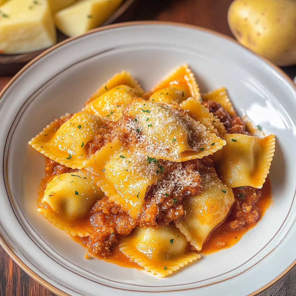 Agnolotti ripieni di patate, provola e pecorino con ragù di salsiccia