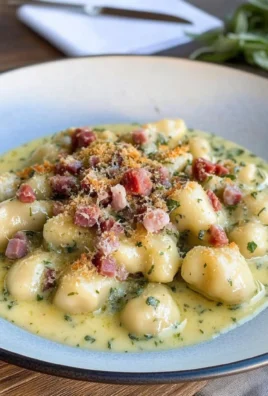 Gnocchetti alle erbe con briciole di salame cacciatore italiano su crema di pane