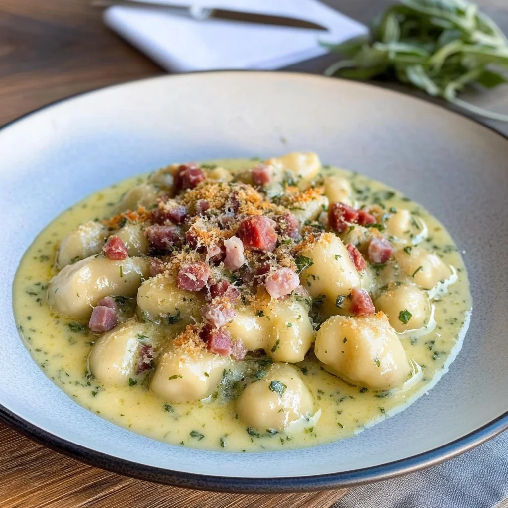 Gnocchetti alle erbe con briciole di salame cacciatore italiano su crema di pane