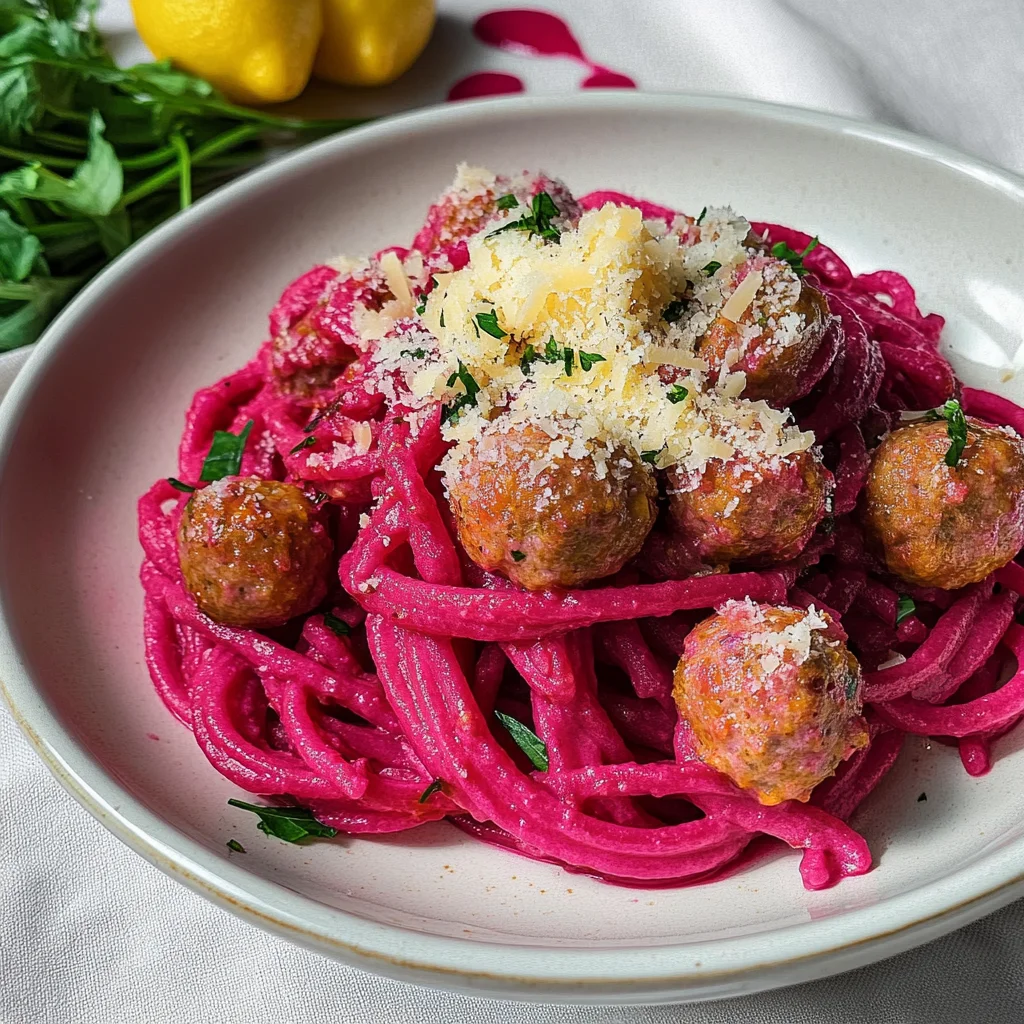 Pasta alla barbabietola con polpettine