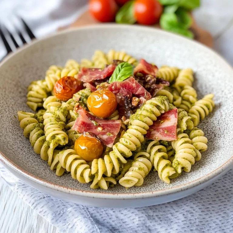 Pasta con pesto di pistacchi, speck e pomodorini confit