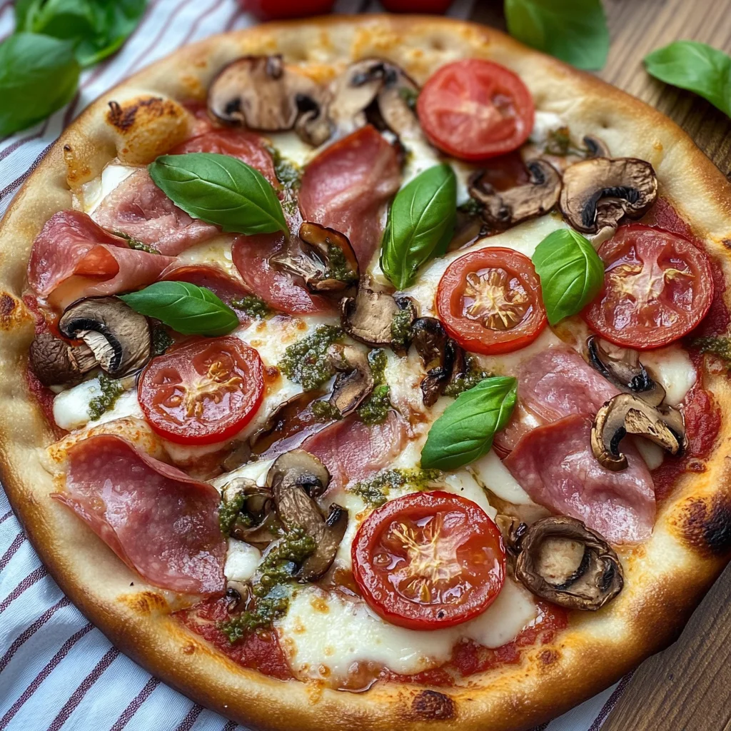 Pizza gourmet con carne salada e pomodoro