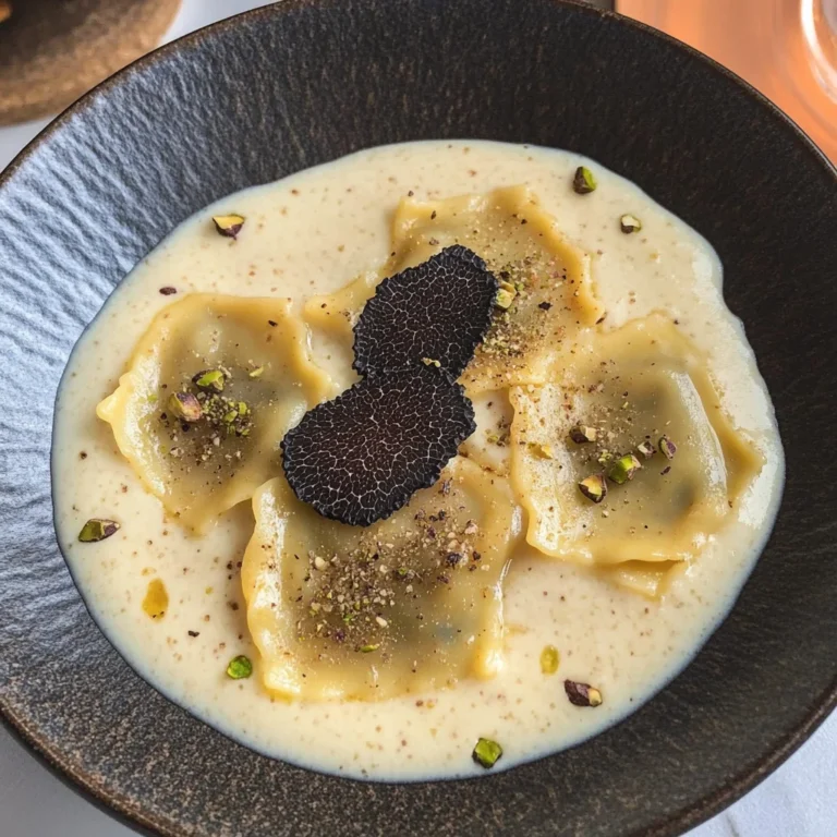 Raviolone ripieno di mortadella su fonduta