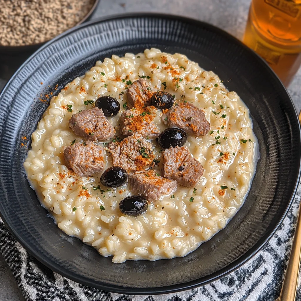 Risotto con coriandoli di vitello e polvere di olive