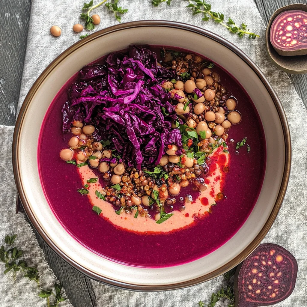 Zuppa di legumi e farro con vellutata di barbabietola