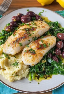 Filetti di rombo con scarola, olive e purè rustico