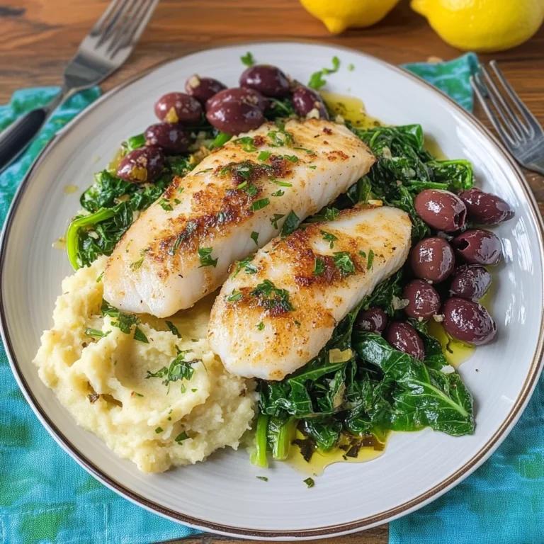 Filetti di rombo con scarola, olive e purè rustico