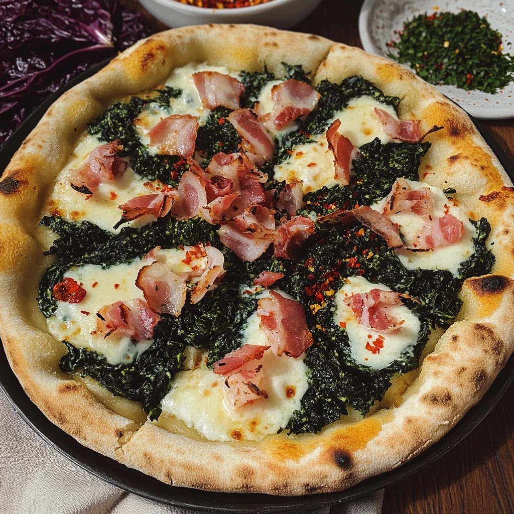 Pizza gourmet con pancetta al pepe e cavolo nero